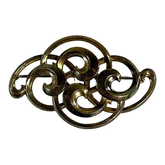 Symmetalic Art Deco Swirl Statement Sterling Silver 1/20 14K Pin Brooch 2.5” - Picture 1 of 7